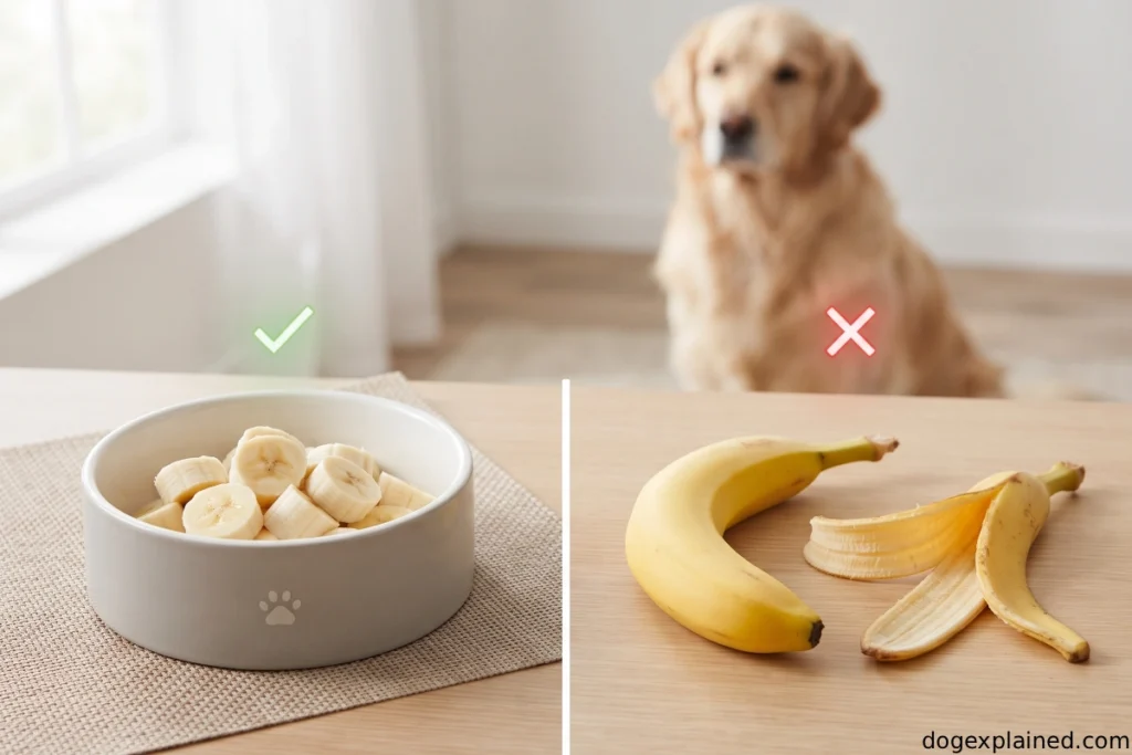Peeled banana pieces compared with banana peel for dogs