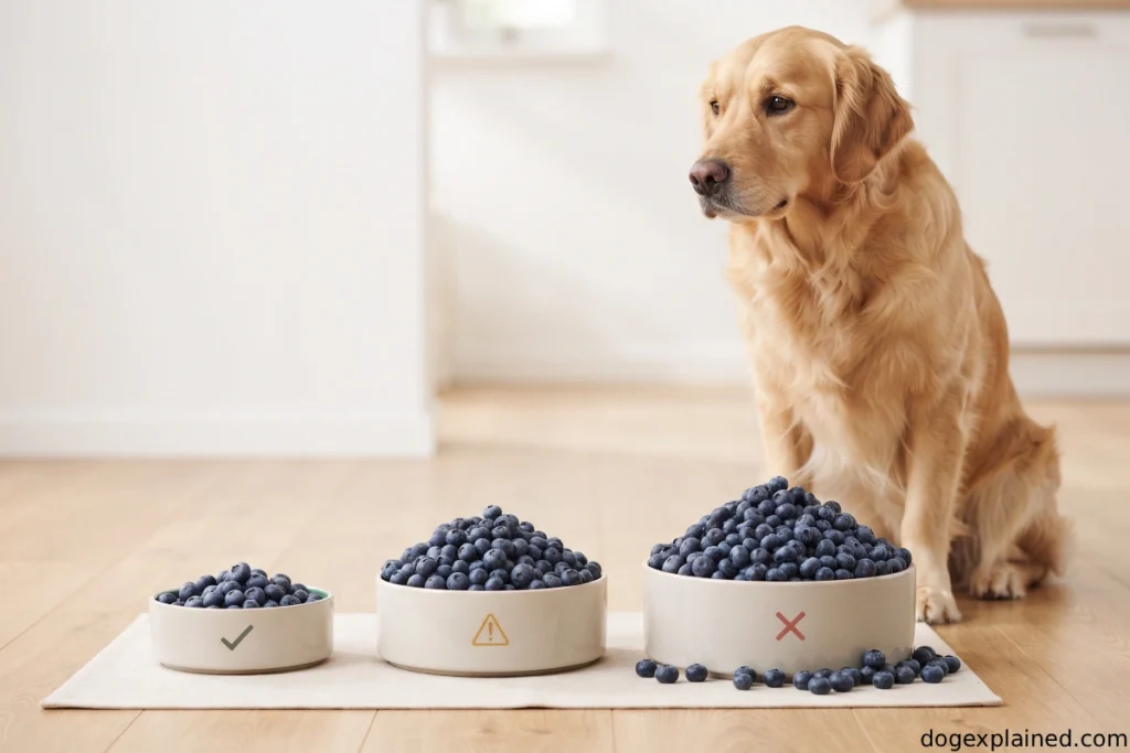 Small blueberry treat portion compared with excessive servings for a dog