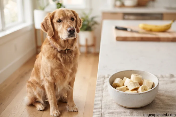 Dog beside a small bowl of plain peeled banana pieces