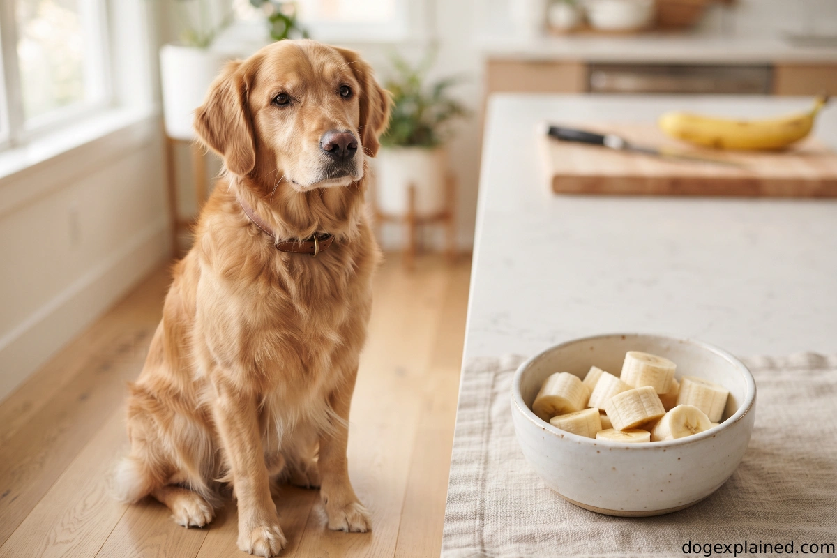 Dog beside a small bowl of plain peeled banana pieces