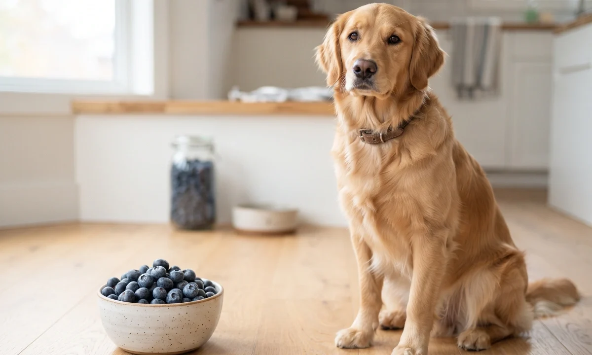 Dog beside a small bowl of plain fresh blueberries