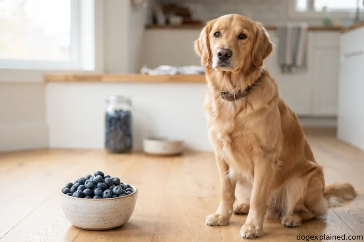 Dog beside a small bowl of plain fresh blueberries