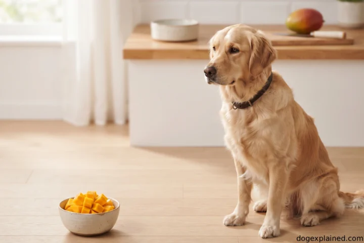 Dog beside a small bowl of ripe mango pieces with the skin and pit removed