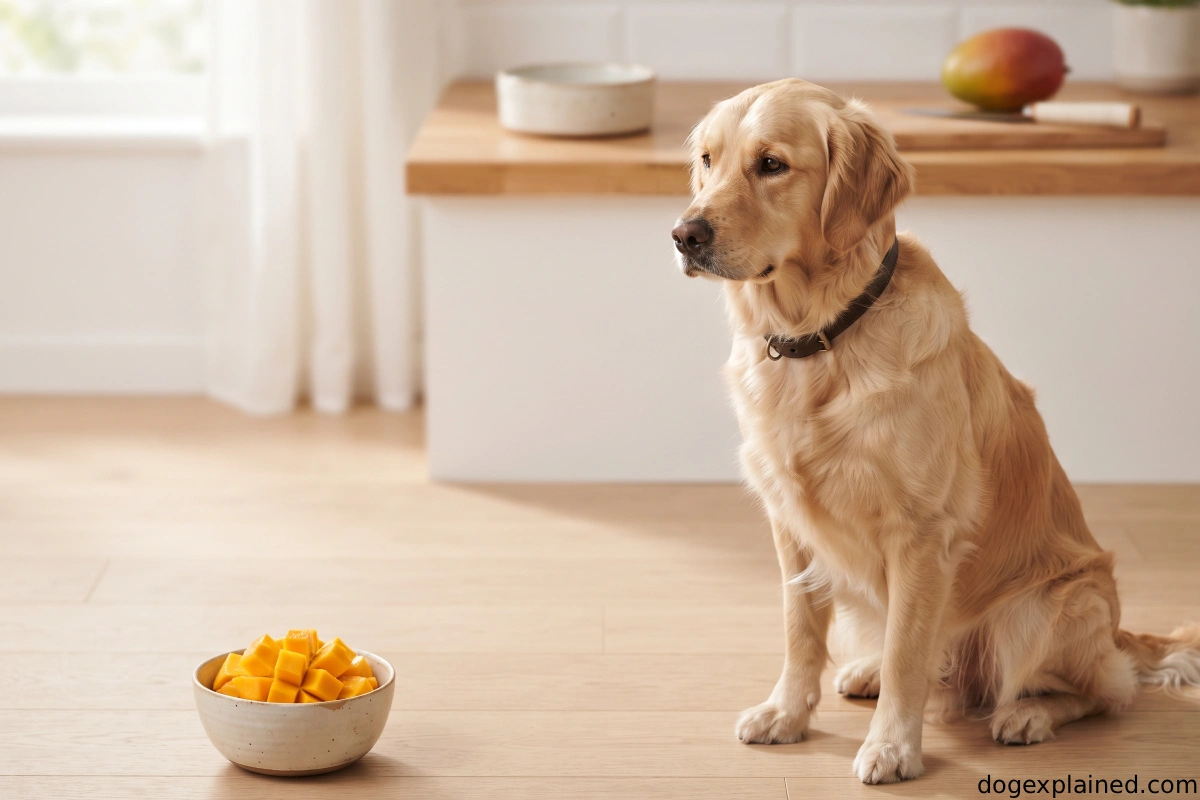 Dog beside a small bowl of ripe mango pieces with the skin and pit removed