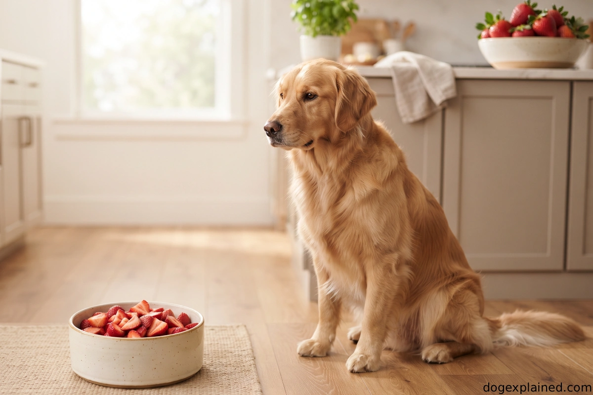 Dog beside fresh strawberries cut into pieces with the tops removed