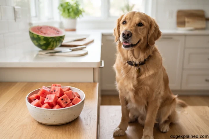 Dog beside plain watermelon cubes prepared without rind or mature seeds