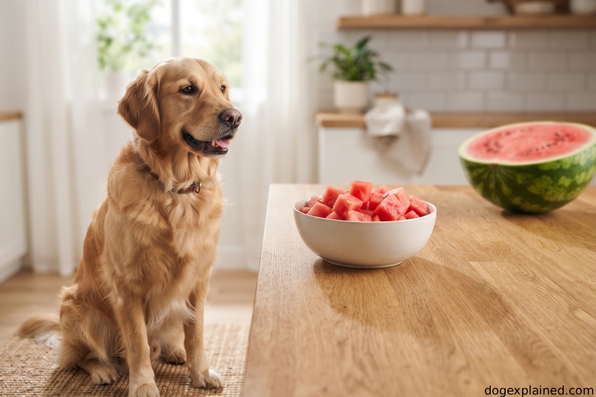 Dog beside watermelon flesh prepared with the rind removed