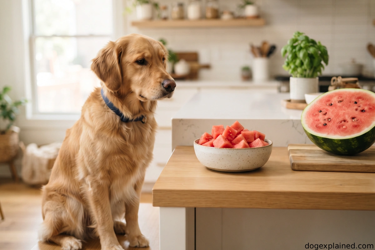 Dog beside seedless watermelon cubes with mature seeds removed