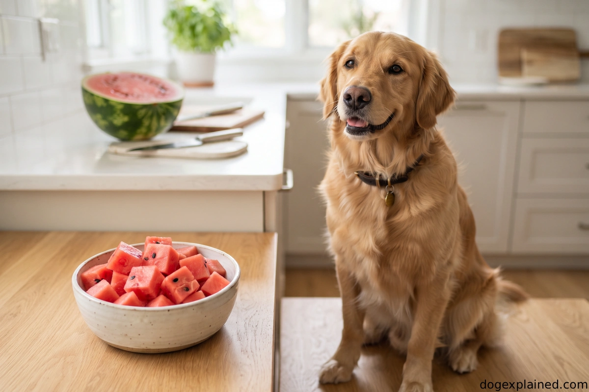 Dog beside plain watermelon cubes prepared without rind or mature seeds