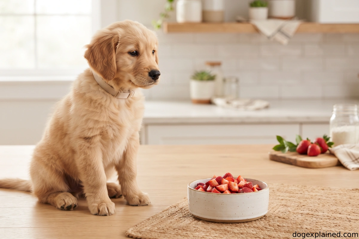 Puppy beside fresh strawberries cut into small pieces with the tops removed