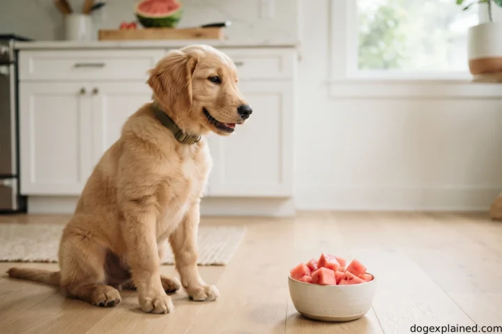 Puppy beside a bowl of seedless watermelon cubes prepared without rind