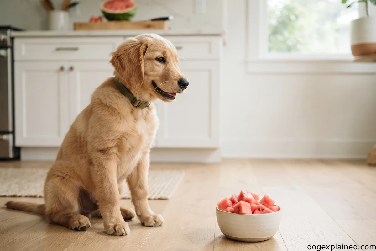 Puppy beside a bowl of seedless watermelon cubes prepared without rind