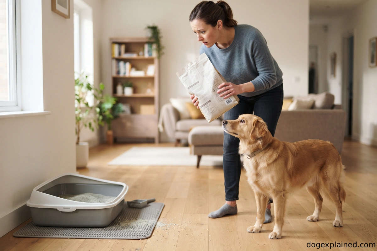 Dog beside a cat litter box while its owner checks the litter product