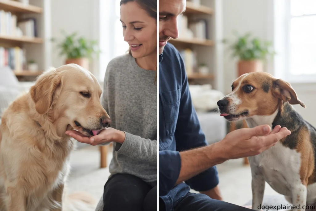 Relaxed and uncertain dog body language during interactions with a person