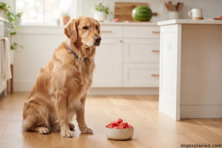 Dog beside a small portion of seedless watermelon prepared as a treat