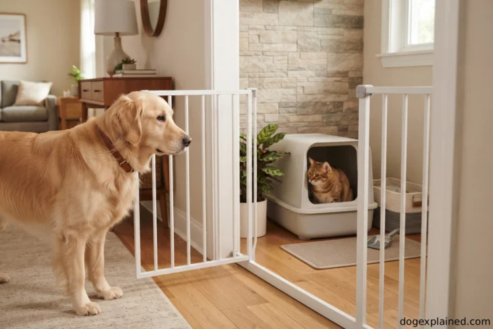 Dog kept outside a litter-box area while the cat has comfortable access