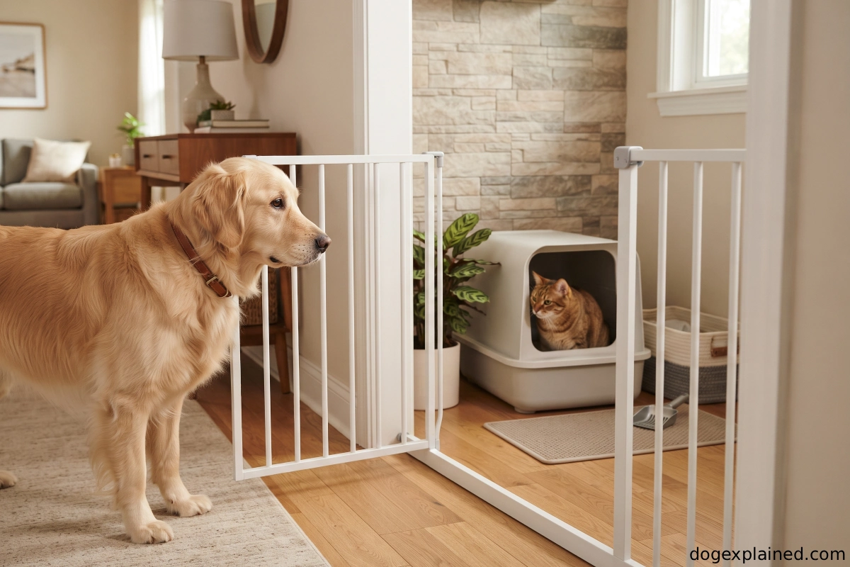 Dog kept outside a litter-box area while the cat has comfortable access