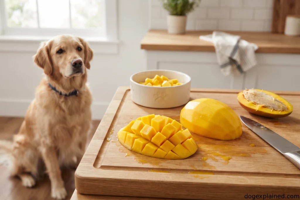 Ripe mango prepared for a dog with the skin and pit removed