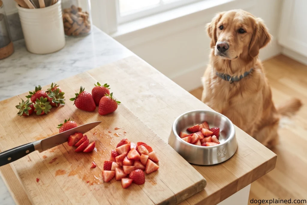 Fresh strawberries prepared for a dog with the tops removed and fruit cut into small pieces