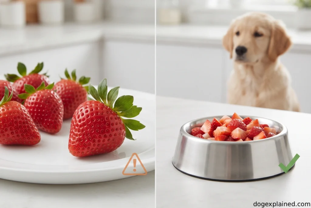 Whole strawberries compared with washed puppy-sized strawberry pieces with stems removed