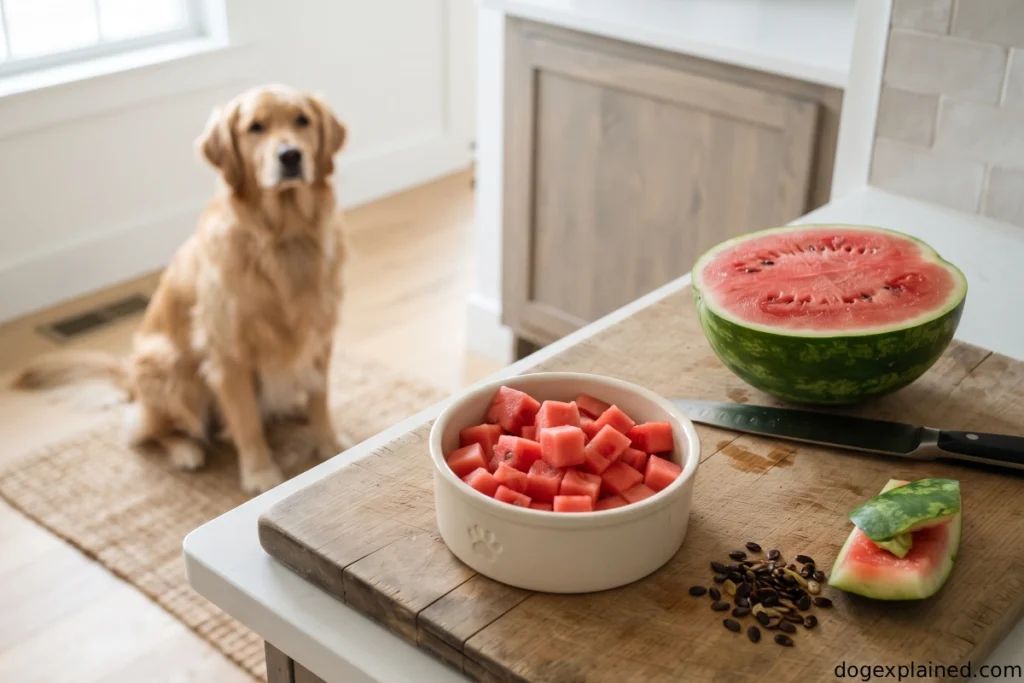 Watermelon prepared for a dog with the rind and mature seeds removed