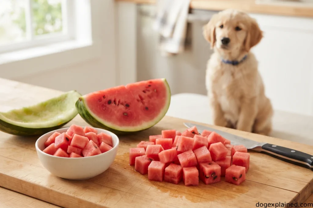 Watermelon prepared for a puppy with rind and seeds removed