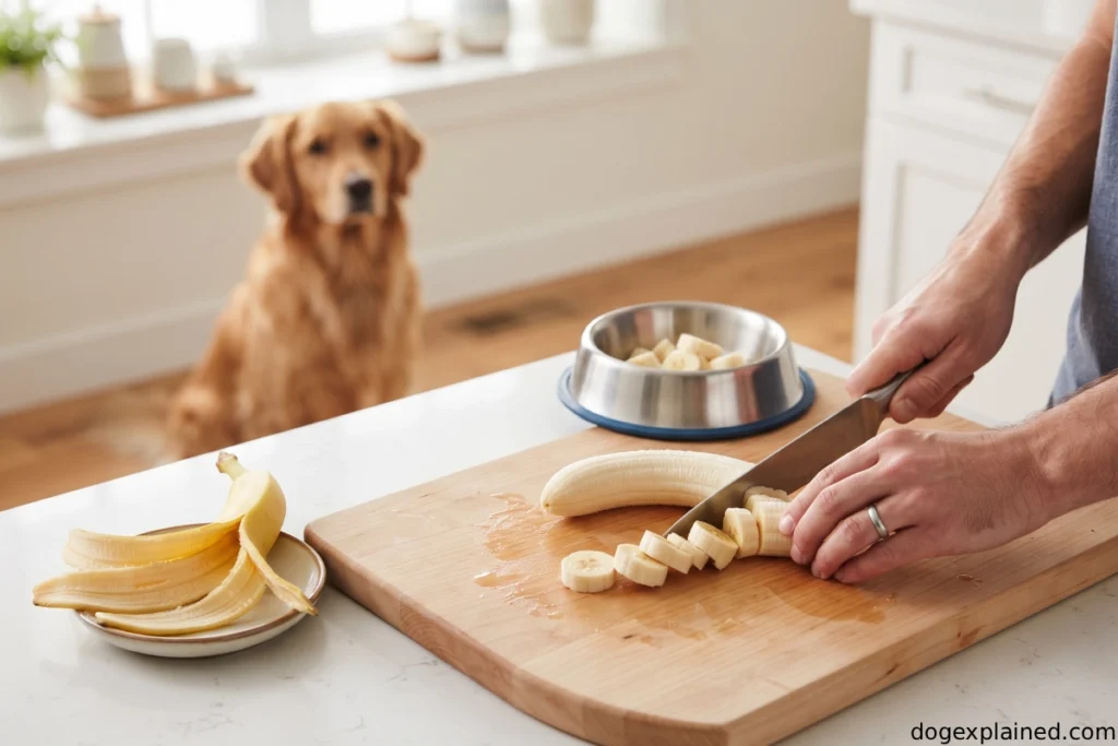 Peeled banana cut into small pieces before serving to a dog
