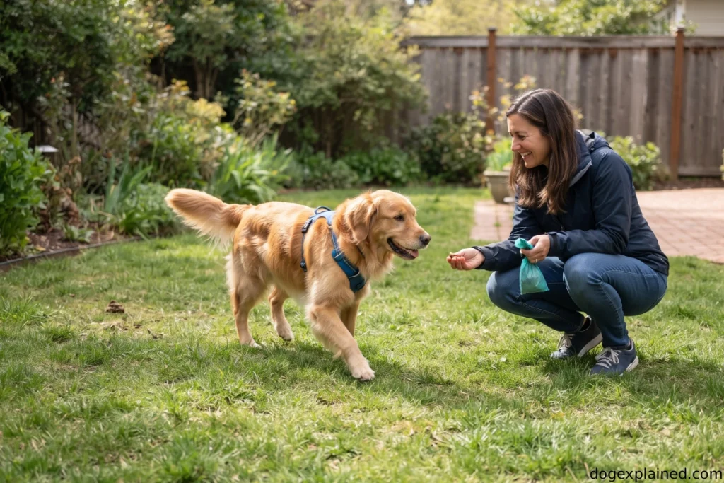 Owner rewarding a dog for moving away while preparing to clean up stool