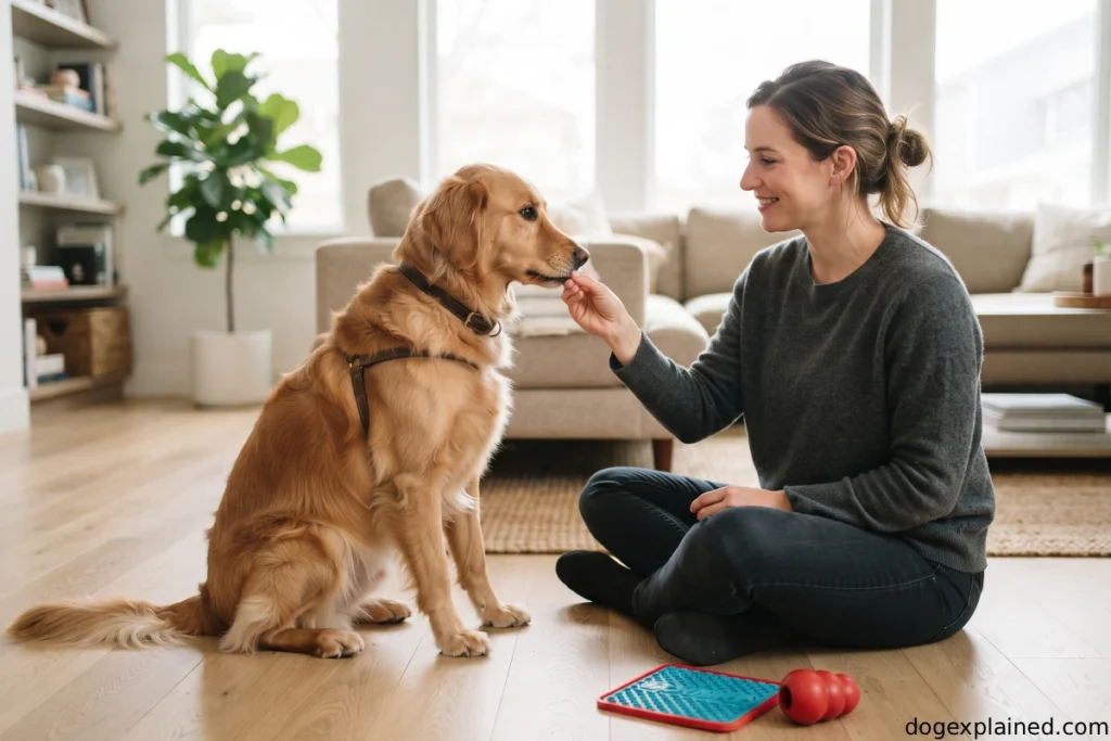 Owner rewarding a dog for calm behavior instead of attention-seeking licking