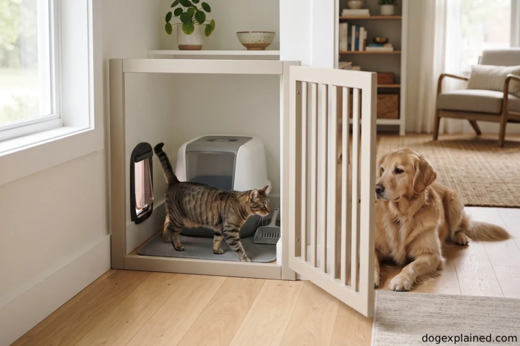 Cat accessing a litter box area while a pet gate keeps the dog away