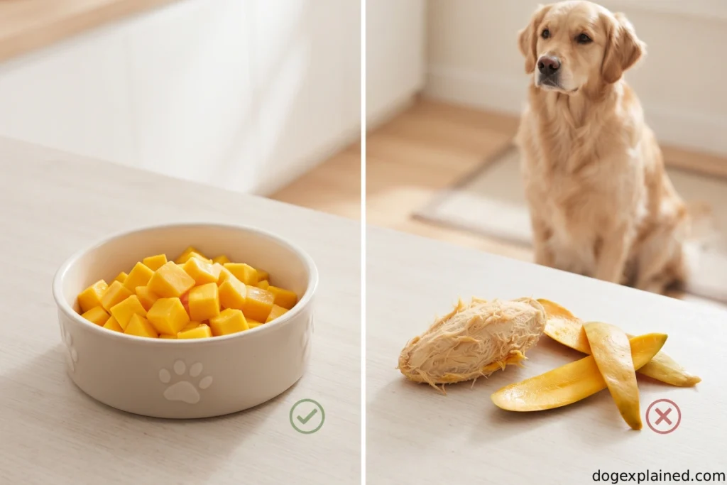 Prepared mango flesh compared with mango skin and pit for dogs