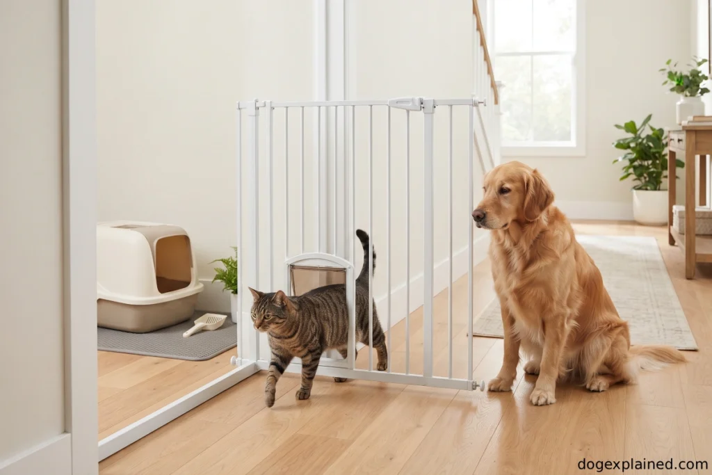 Cat using a pet-gate opening while the dog remains outside the litter-box room