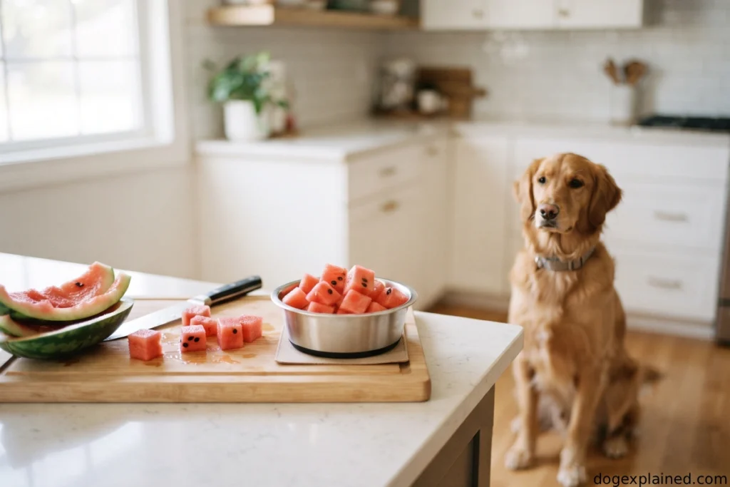 Small watermelon portion prepared for a dog with seeds and rind removed