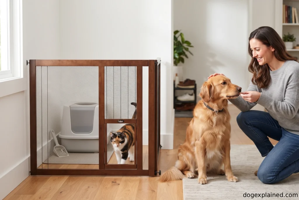 Dog staying outside a gated cat litter-box area while the cat has access