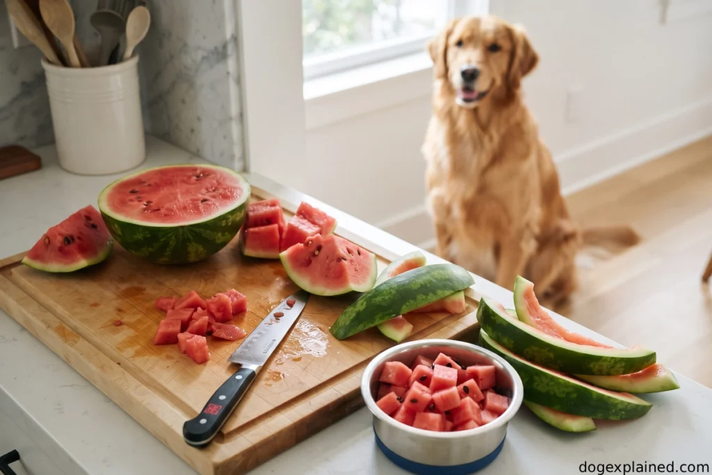 Watermelon prepared for a dog with rind and mature seeds removed