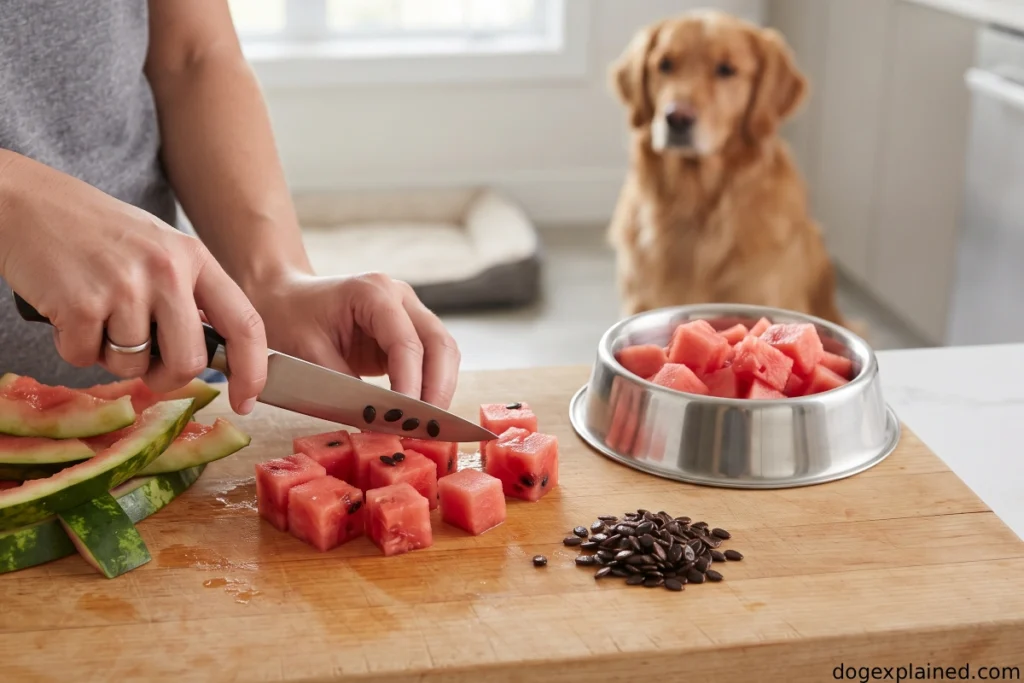 Watermelon prepared for a dog with mature seeds and rind removed