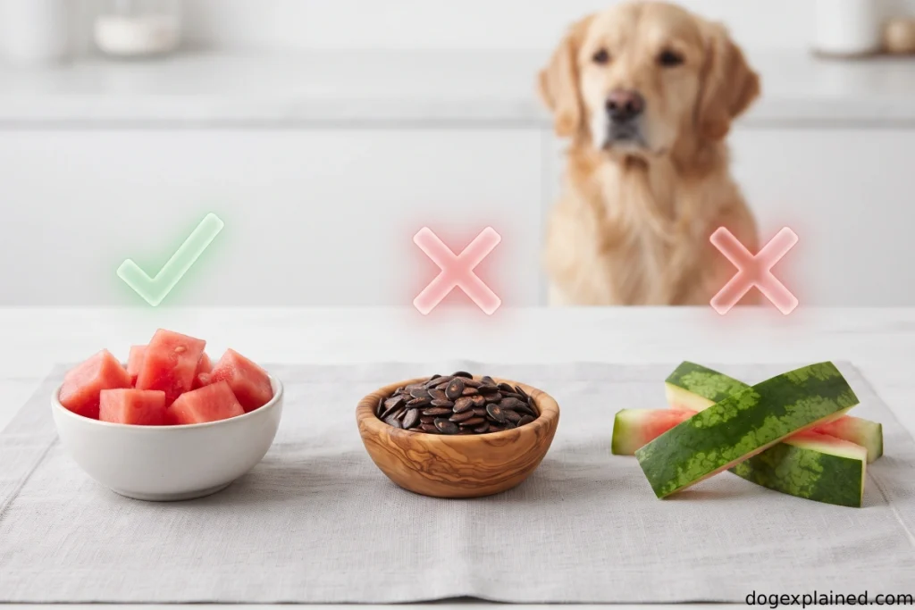 Watermelon flesh compared with seeds and rind dogs should avoid