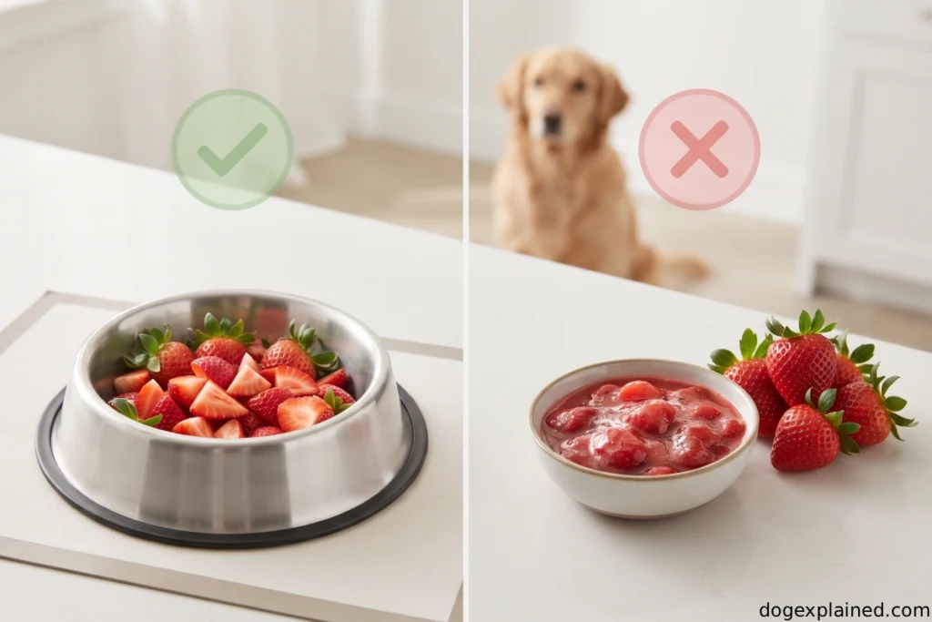 Plain prepared strawberries compared with unsuitable strawberry products for dogs