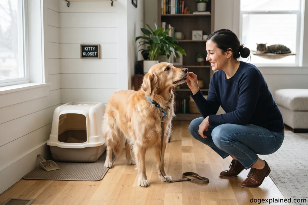 Owner rewarding a dog for moving away from the cat litter box