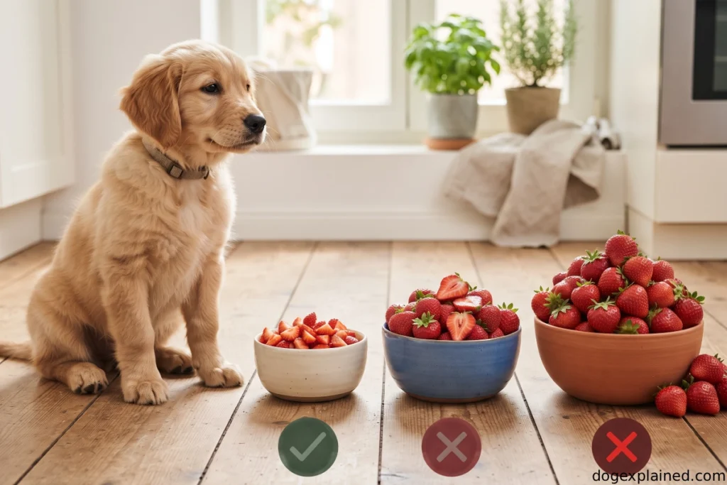 Small strawberry treat portion compared with excessive servings for a puppy