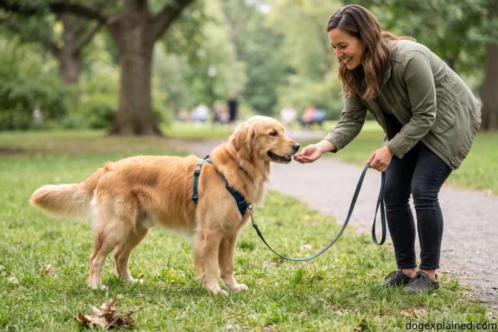 Owner rewarding a dog for turning away during leave-it training