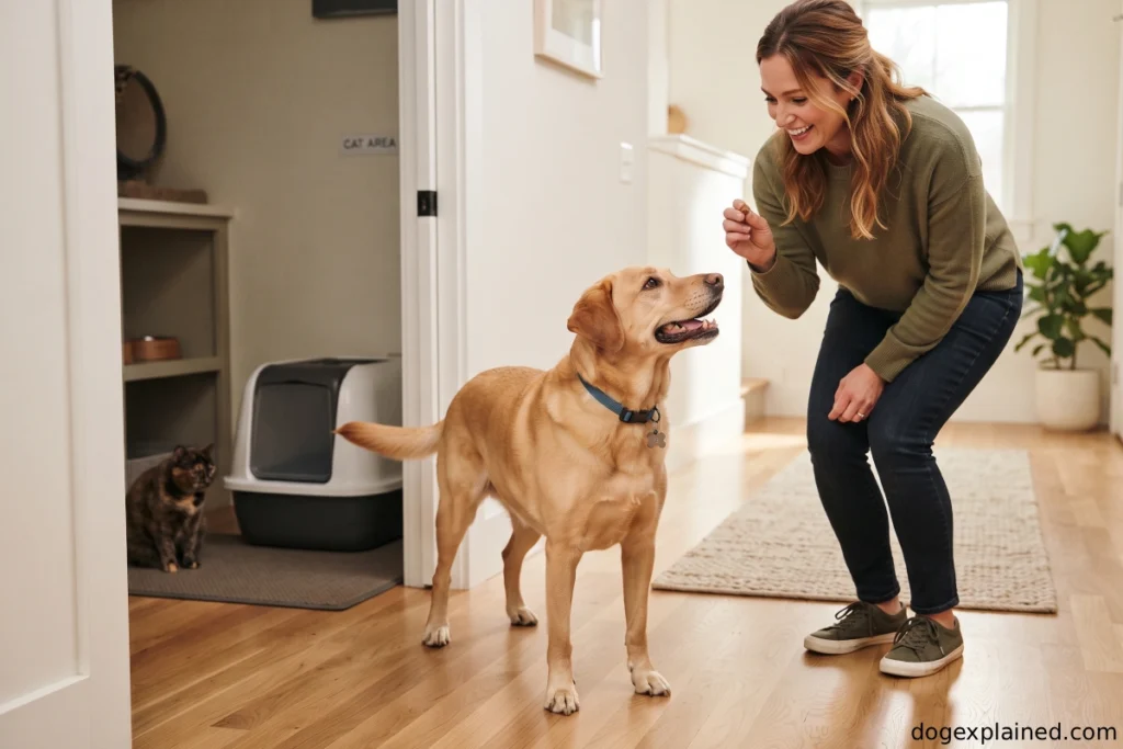 Owner rewarding a dog for moving away from the cat litter-box area
