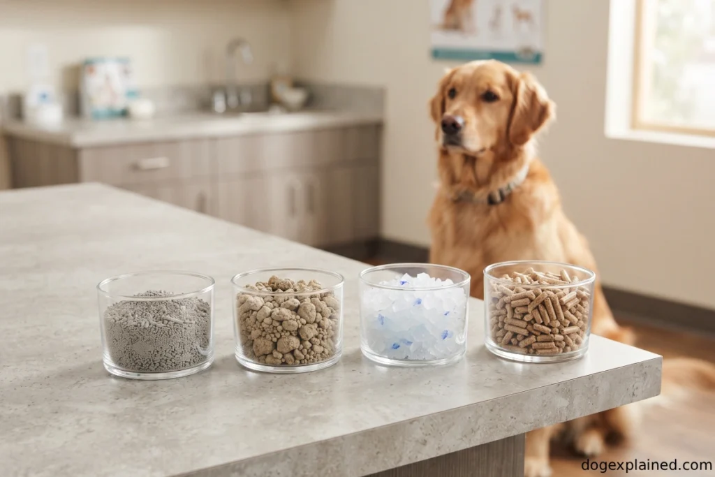 Different cat litter types including clumping clay, crystal, and pellet litter