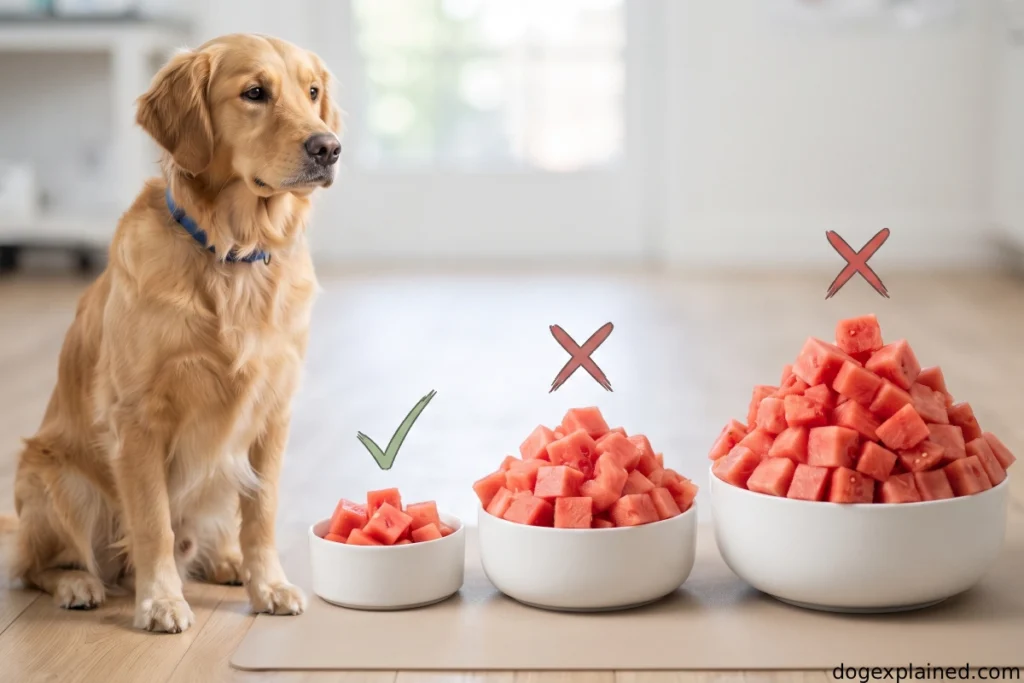 Small watermelon treat portion compared with excessive servings for a dog