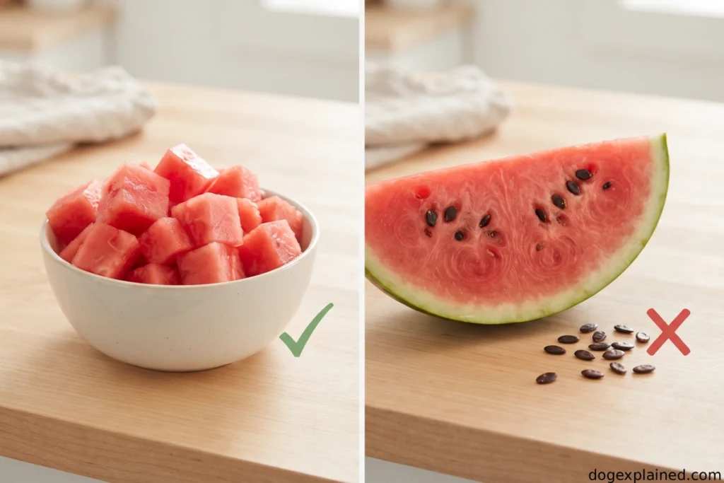 Seedless watermelon flesh compared with mature watermelon seeds dogs should avoid