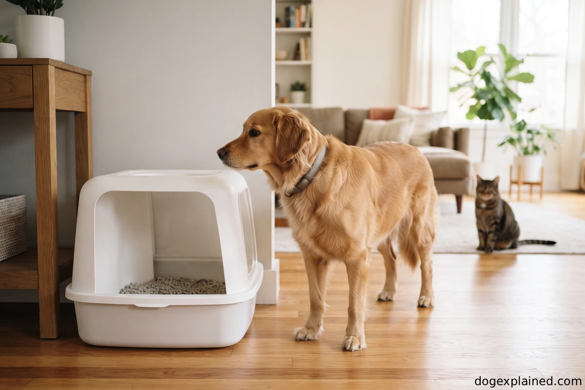 Curious dog looking toward a cat litter box at home