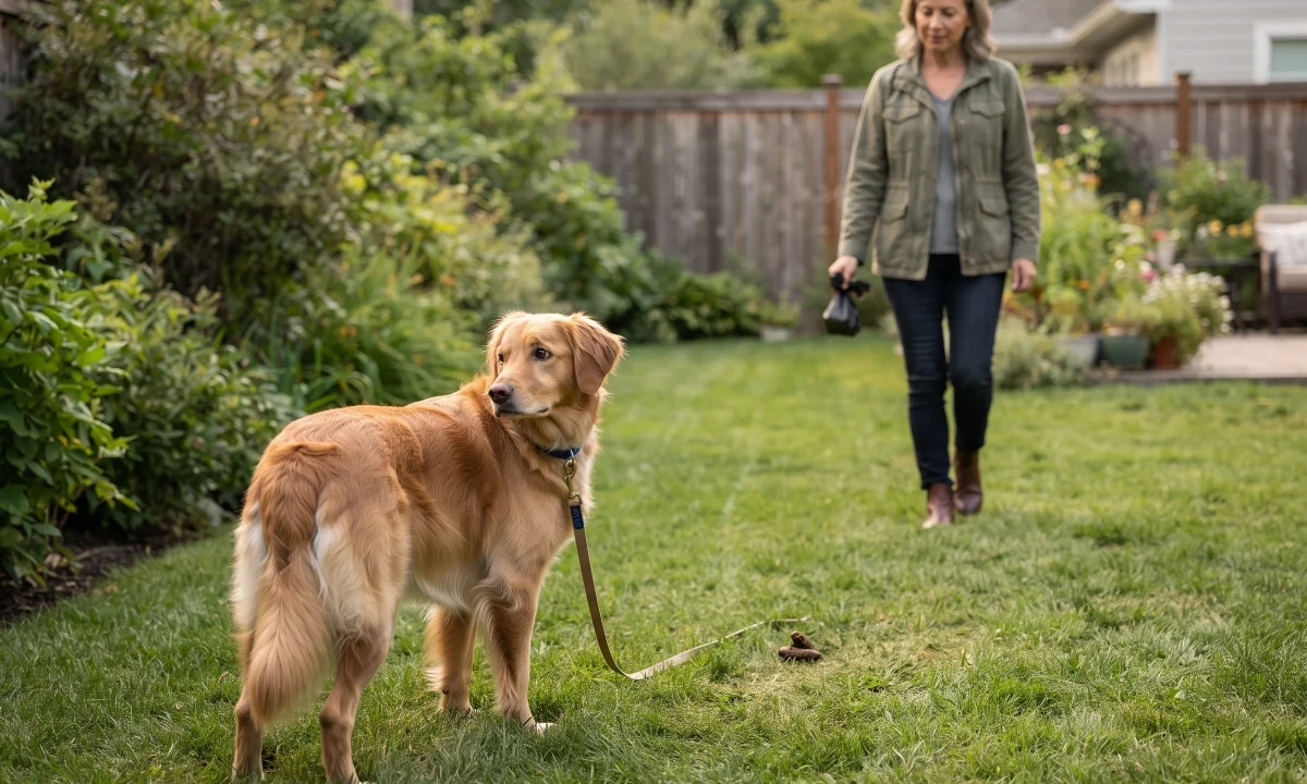 Dog showing interest in stool while its owner prepares to clean it up