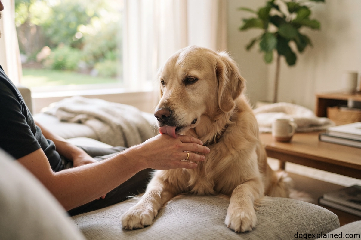 Relaxed dog gently licking its owner's hand at home