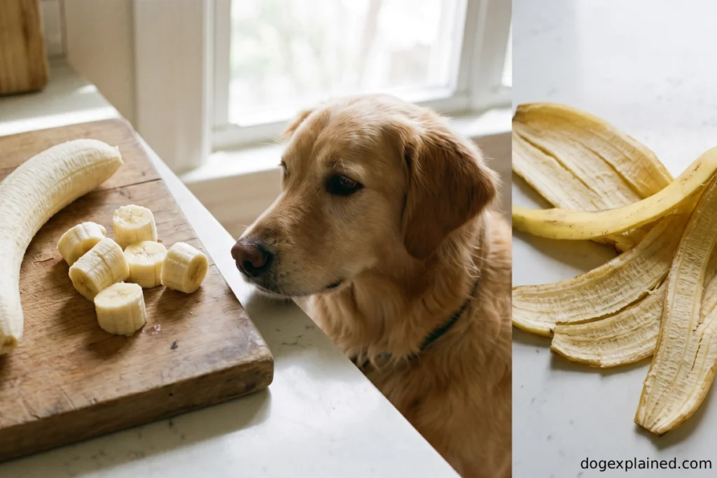 Peeled banana and banana peel shown near a dog