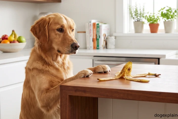 Dog looking at a banana peel on a kitchen counter